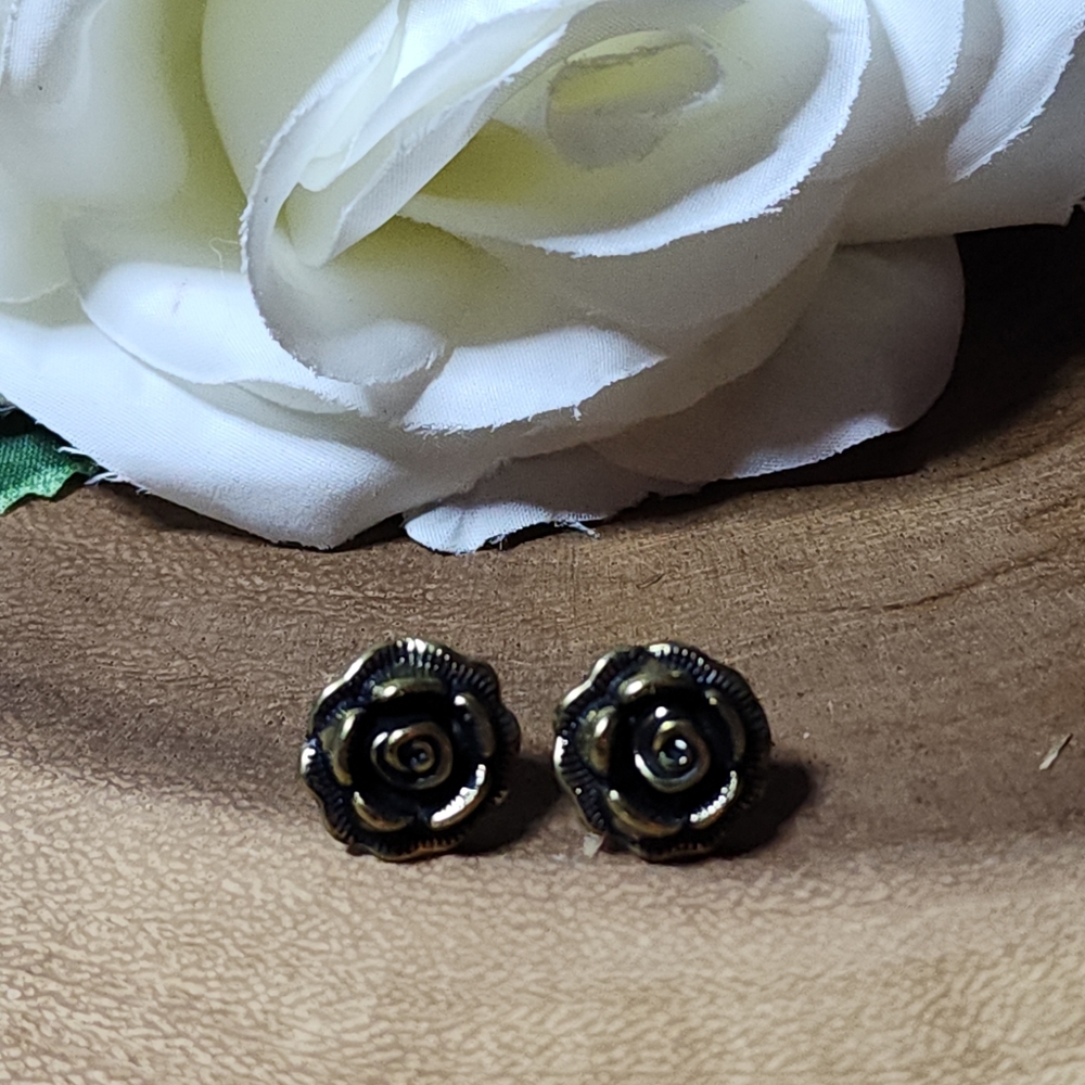 Dainty Rose Bud Pierced Stud Earrings in an Antique Brass Color